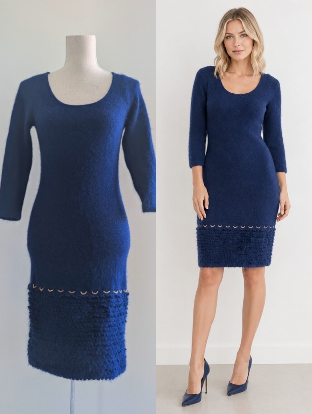 Vtg Luisa Spagnoli Angora Wool Blue Sweater Dress